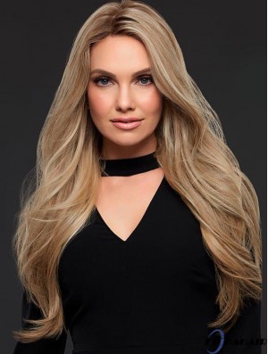 24‘’Gute blonde lange wellige ohne Pony Echthaar Perücken
