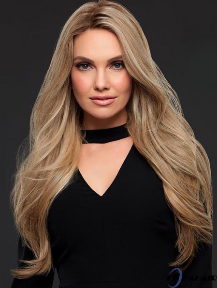 24‘’Gute blonde lange wellige ohne Pony Echthaar Perücken