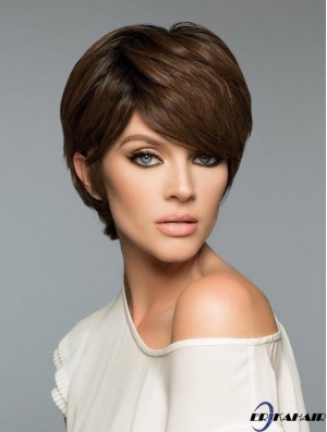 Mode Brown Cropped Straight Boycuts Echthaar Perücken