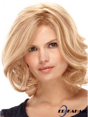 Blonde schulterlange hochwertige Locken geschichtete Spitzenperücken