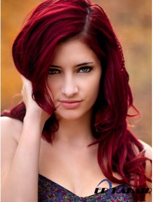 Wellig ohne Pony Lange rote No-Fuss Lace Front Perücken