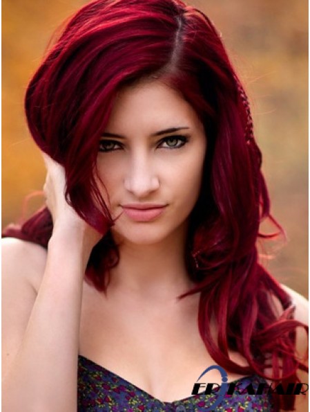 Wellig ohne Pony Lange rote No-Fuss Lace Front Perücken