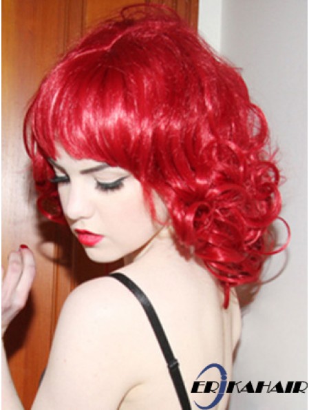 Curly With Bangs Schulterlange rote Convenient Lace Front Perücken