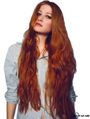 Ohne Pony Long Copper Wavy 26 Zoll bequeme Echthaar Perücken