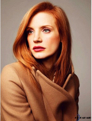 Ohne Pony Langes Kupfer Gerade 16 Zoll Bequemes Menschenhaar Jessica Chastain Perücken