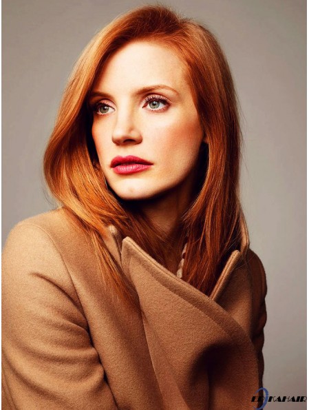 Ohne Pony Langes Kupfer Gerade 16 Zoll Bequemes Menschenhaar Jessica Chastain Perücken