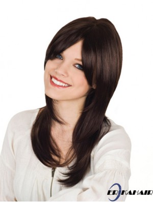 Mit Pony Long Brown Wavy 16 Zoll langlebige Echthaar Perücken