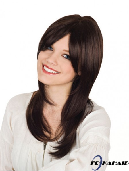 Mit Pony Long Brown Wavy 16 Zoll langlebige Echthaar Perücken