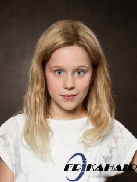 Spitze vorne 12 Zoll gewellt Schulterlänge ohne Pony Blonde Remy Menschenhaar Kinder Perücken