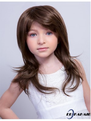 Monofilament 15 Zoll gerade lang mit Pony Brown Remy Menschenhaar Kinder Perücken billig