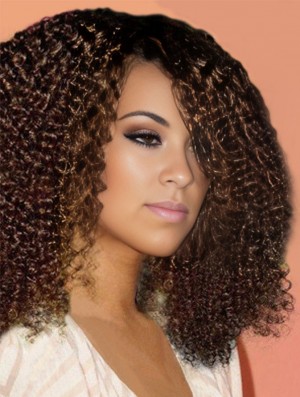 Auburn Schulter Spitze vorne mit Pony Kinky Curly Perücke