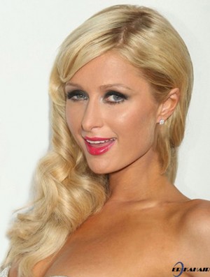 100% handgebundene lange gewellte ohne Pony Blonde No-Fuss Paris Hilton Perücken