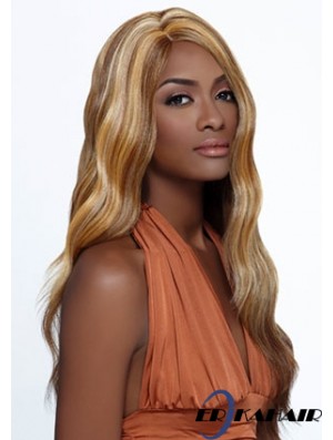 Lange blonde gewellte geschichtete ideale afroamerikanische Perücken