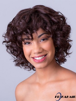 Bobs Kinn Länge Spitze Front Synthetic Brown 11 Zoll Curly African American Perücken