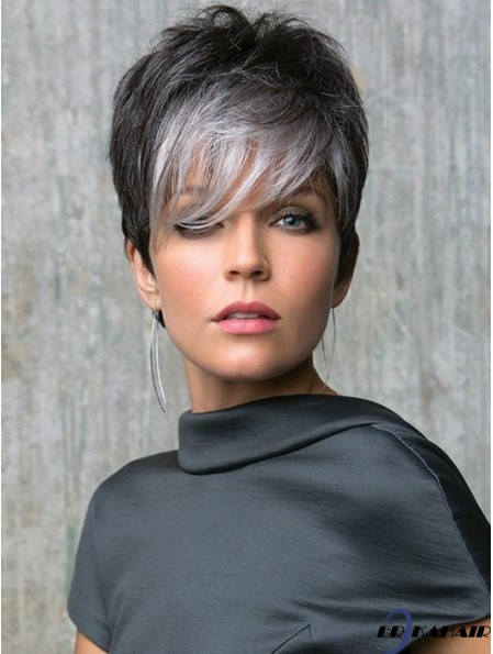 Lace Front 6 Zoll Straight Grey mit Pony Günstige synthetische Perücken