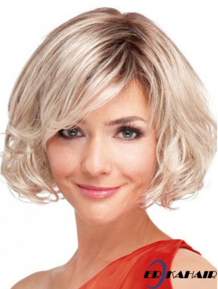 100% handgebundene kinnlange gewellte blonde Top Bob Perücken