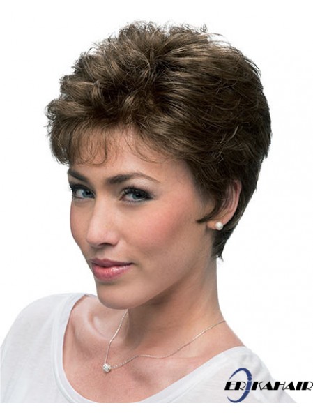 Günstige Brown Cropped Layered Curly Glueless Lace Front Perücken