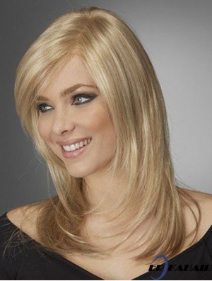 Beste bequeme synthetische Perücken mit Pony Monofilament Blonde Farbe Welliger Stil