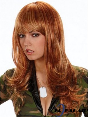 Synthetische Haarfarbe UK Mit Pony Welliger Stil Lange Länge