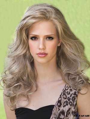 Entworfen Blonde lange ohne Pony gewellte glueless Lace Front Perücken