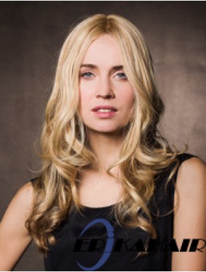 Monofilament Synthetic 17  inchlange gewellte Blondine ohne Pony Günstige Perücken für Krebspatienten