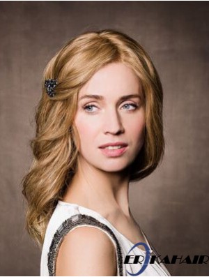 Monofilament Synthetic 14  inchLange gewellte Blondine ohne Pony Krebs Perücke