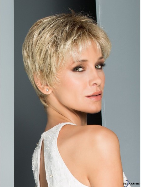 Blonde 6 Zoll gerade geschichtete handgemachte Perücken
