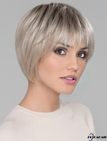 Platinblond mit Pony Gerade 6 Zoll kurze Monofilamen Crown Perücken