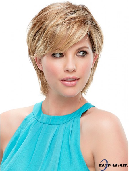 Kurze gerade gerade geschichtete blonde moderne 100% handgebundene Perücken