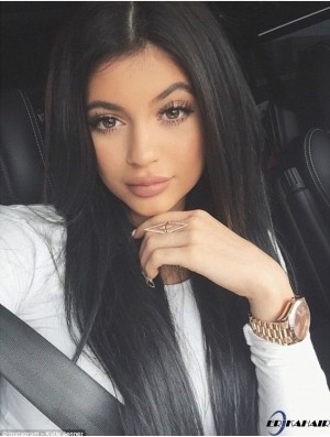 Modische 20 Zoll lange gerade ohne Pony volle Spitze Kylie Jenner Perücken