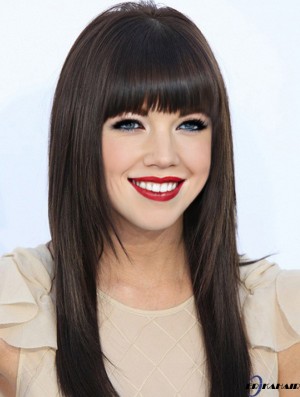 Menschenhaar Carly Rae Jepsen Perücken 100% handgebundene schwarze Farbe mit Pony