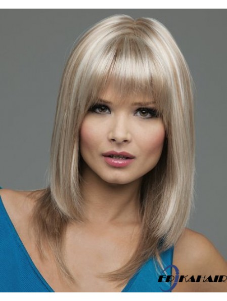 Gerade mit Pony schulterlange blonde natürliche Spitze Front Perücken