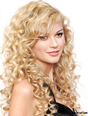100% handgebunden mit Pony Curly Long Blonde Stylish  Perücken