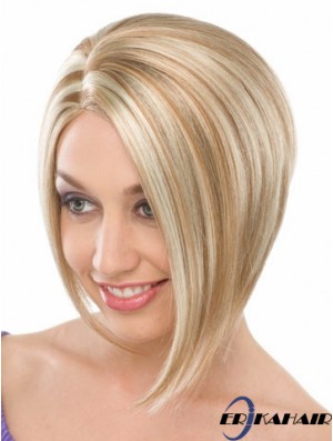 Capless Chin Länge gerade blonde blonde modische Bob Perücken