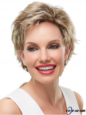 8 Zoll bequeme gewellte geschichtete blonde kurze Perücken