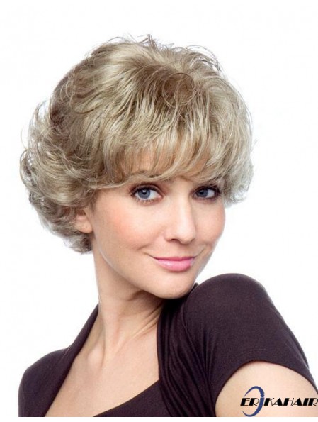 Curly With Bangs Kurze, erschwingliche, blonde, synthetische Perücken
