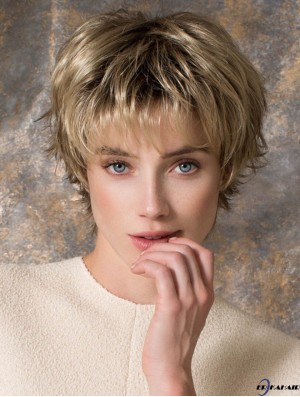 8 Zoll schlanke gerade geschichtete blonde kurze Perücken