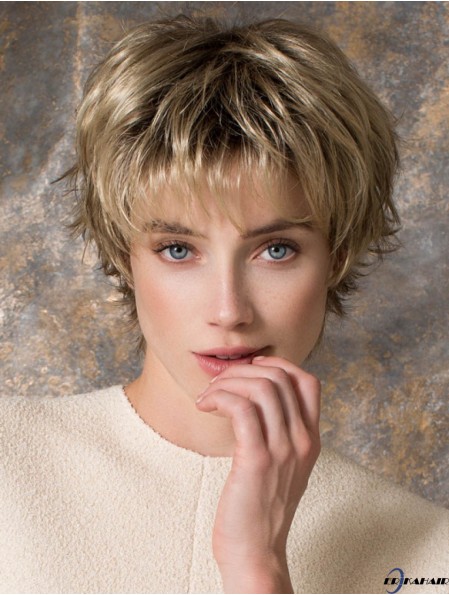 8 Zoll schlanke gerade geschichtete blonde kurze Perücken