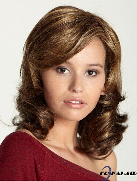 Schulterlänge mit Pony 15 Zoll Curly Brown Medium Perücken