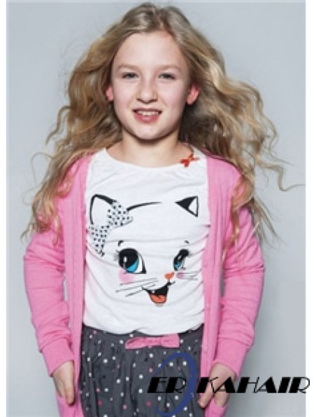 Kinderperücken zum Verkauf Blonde Farbe 100% handgebundener gewellter Stil