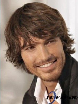 Brown Synthetic Chin Länge Capless Wavy Mens Long Perücke