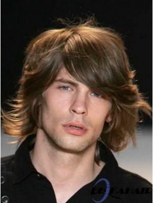 Auburn Chin Länge Capless Wavy Mens Echthaar Perücke