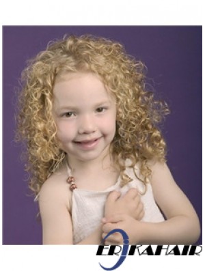 Lockige schulterlange blonde synthetische 100% handgebundene Kinderperücken