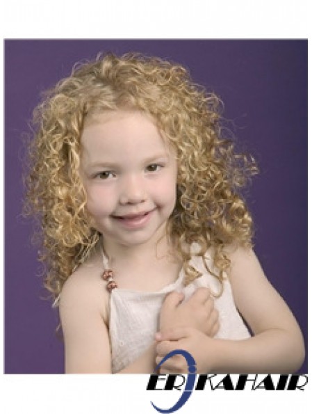 Lockige schulterlange blonde synthetische 100% handgebundene Kinderperücken
