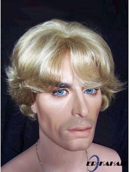Wellige kurze blonde synthetische kappenlose 6  inchMannperücke in Großbritannien