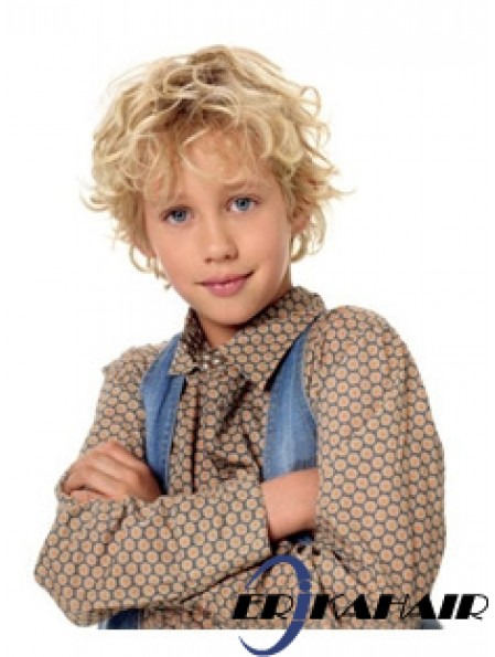 Wellige kurze blonde synthetische kappenlose Kinderperücken