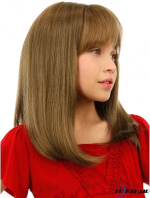 Gerade schulterlange blonde Remy Echthaar Spitze vorne Kinder Perücken