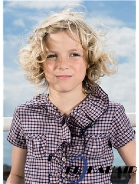 Curly Chin Length Blonde Synthetic 100% handgebundene Kinderperücken