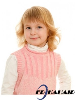 Welliges schulterlanges blondes Remy-Echthaar 100% handgebundene Kinderperücken