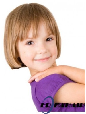 Straight Short Blonde Remy Echthaar 100% handgebundene Kinderperücken